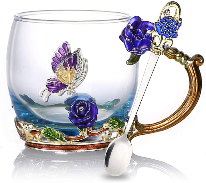 Skanto | Emaille-Rosen-Teetassen-Set aus Glas (mit Löffel)