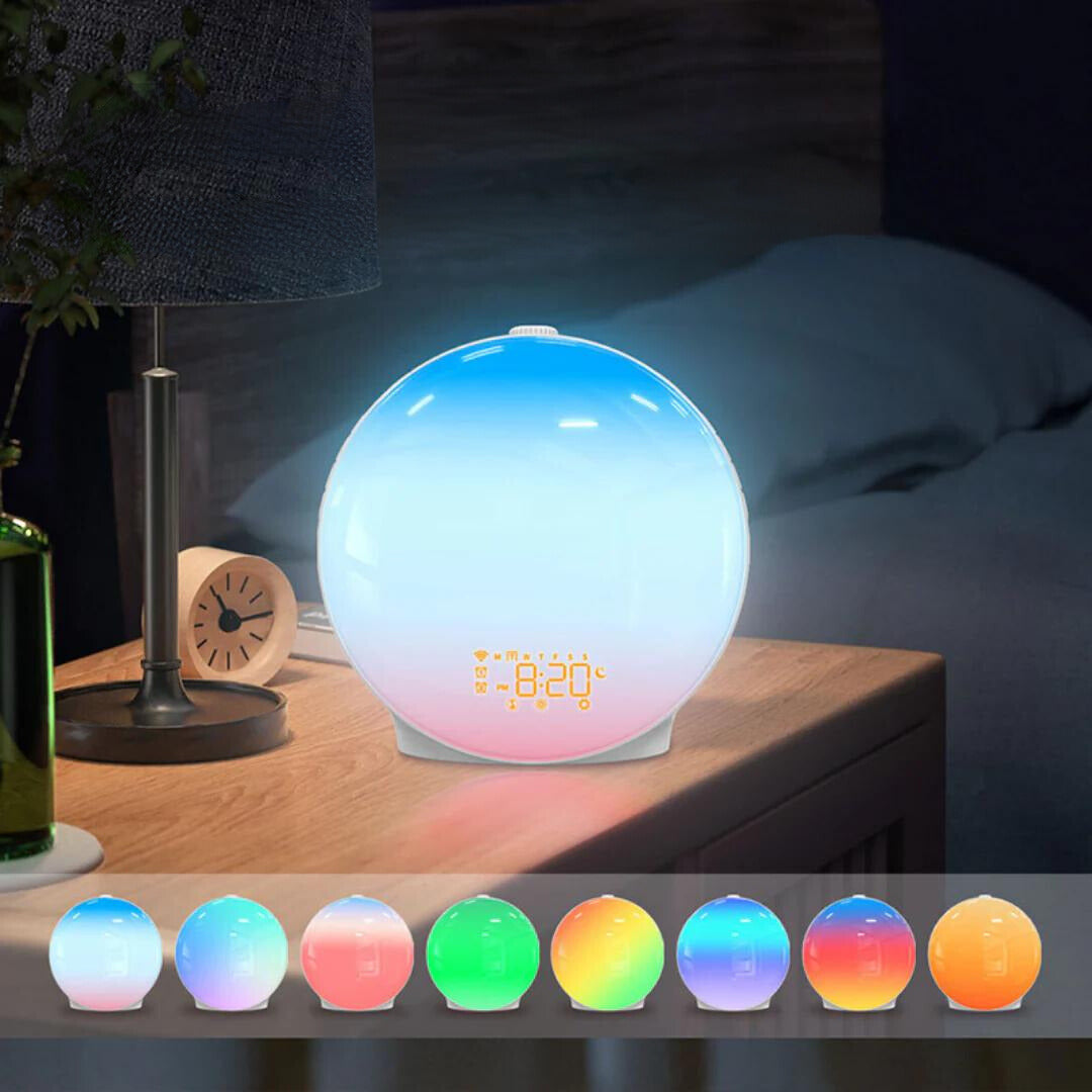 Skanto Skanto | Luxuriöse Sonnenaufgangs-Simulations-Weckerlampe | Beruhigende Klänge, Stimmungslicht & Dual-Alarm für entspannte Morgen