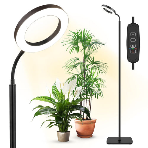 Skanto | Vollspektrum Pflanzenlampe für Zimmerpflanzen, 20W LED Stehlampe für Pflanzen mit höhenverstellbarem Ständer, Timer 3/9/12H, 10 dimmbare Helligkeitsstufen für kleine und große Pflanzen, Rund