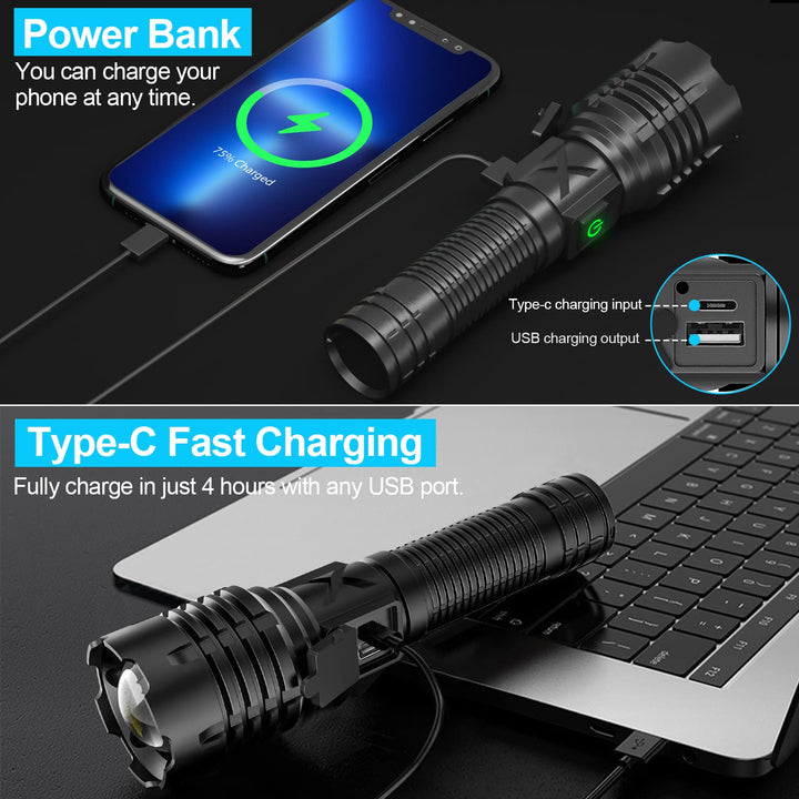 Skanto | Banral 100000 Lumen Wiederaufladbare Taschenlampe, IPX6 Wasserdicht, 5 Modi, Zoombar, Aluminium