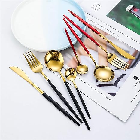 Skanto | LUXURIÖSES UNBEHANDELTES STAHL 24-TEILIGES GOLD-SILBER BESTECKSSET