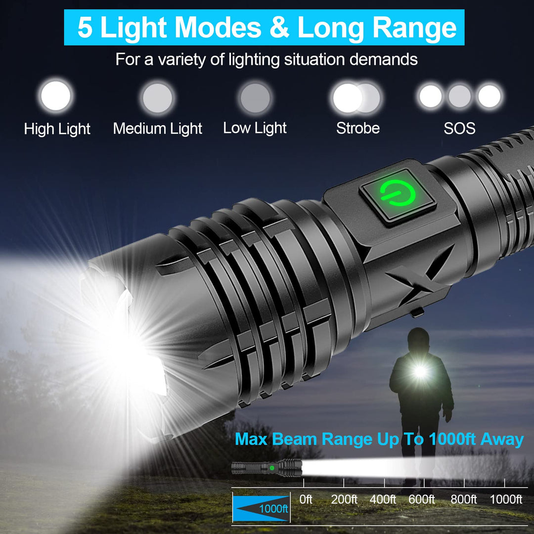 Skanto | Banral 100000 Lumen Wiederaufladbare Taschenlampe, IPX6 Wasserdicht, 5 Modi, Zoombar, Aluminium
