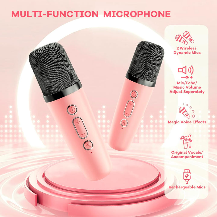 Skanto | Tragbare Mini-Karaoke-Maschine mit Bluetooth-Lautsprecher und 2 kabellosen Mikrofonen – Veylo