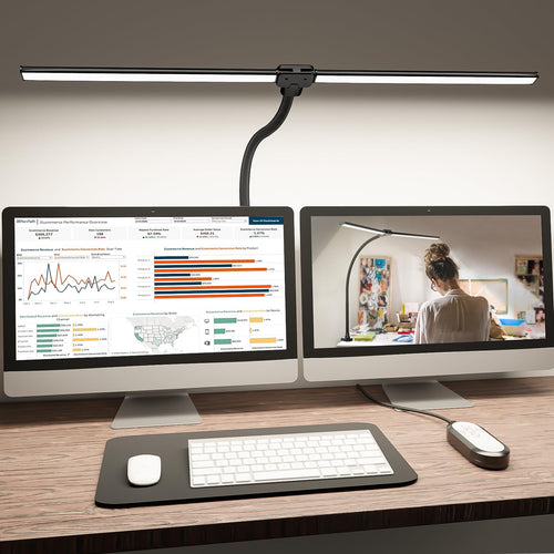 Skanto | Shinetech LED Schreibtischlampe für Home Office, 4000K Neutralweiß Doppelkopflampen für Architekten mit Klemme, dimmbar, verstellbar Fl