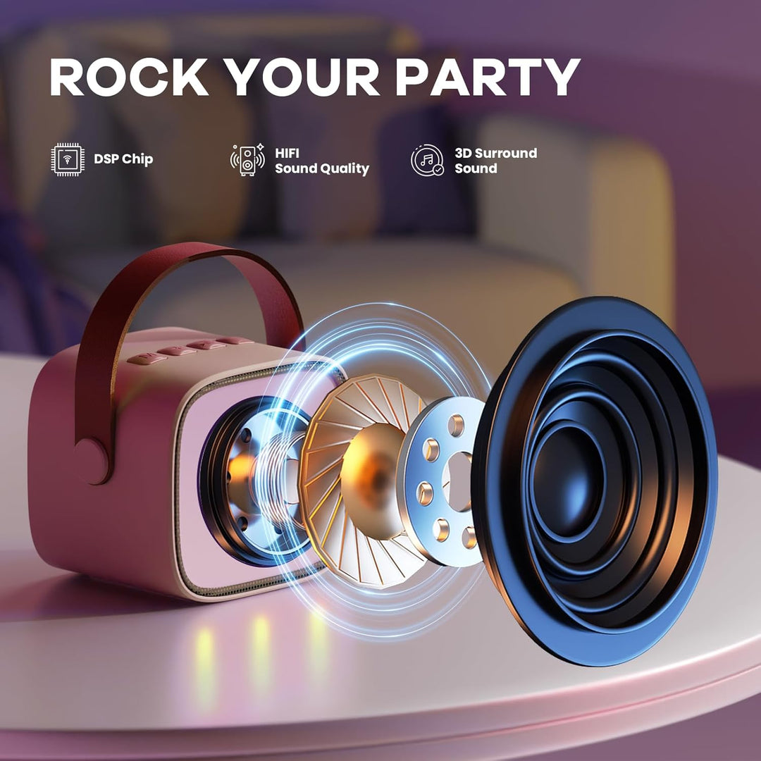 Skanto | Tragbare Mini-Karaoke-Maschine mit Bluetooth-Lautsprecher und 2 kabellosen Mikrofonen – Veylo