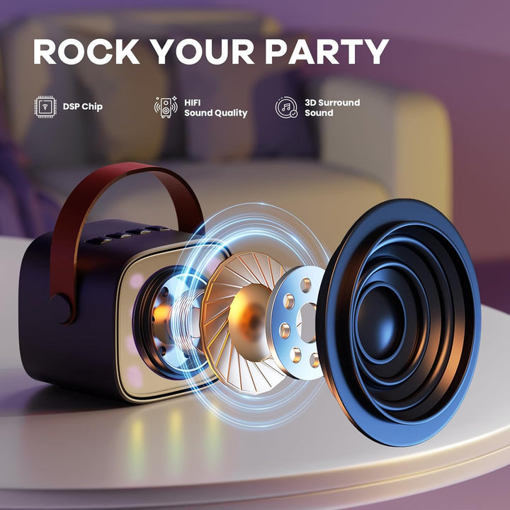 Skanto | Tragbare Mini-Karaoke-Maschine mit Bluetooth-Lautsprecher und 2 kabellosen Mikrofonen – Veylo