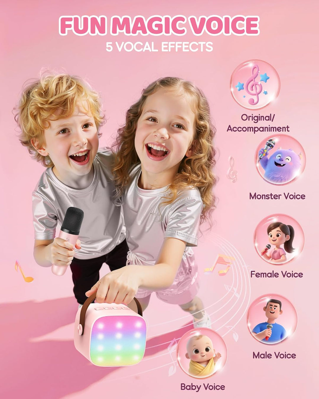 Skanto | Tragbare Mini-Karaoke-Maschine mit Bluetooth-Lautsprecher und 2 kabellosen Mikrofonen – Veylo