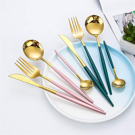 Skanto | LUXURIÖSES UNBEHANDELTES STAHL 24-TEILIGES GOLD-SILBER BESTECKSSET