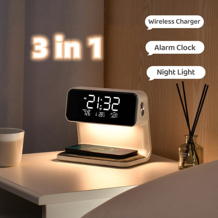 Skanto | 3-in-1 Nachttischlampe mit kabellosem Ladegerät – LCD Wecker & Touch dimmbare LED Schreibtischlampe
