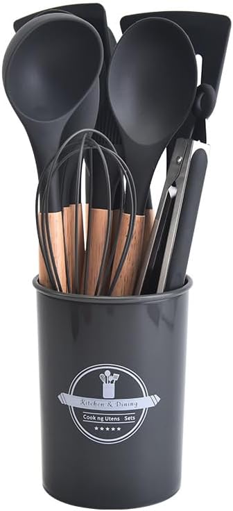 Skanto | Silikon Küchenutensilien-Set | Antihaftbeschichtet | Holzgriff | Hitzebeständig