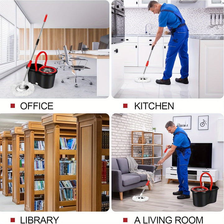 Skanto | Wischmopp- und Eimersystem mit Wringer – 360° rotierendes Moppsystem, inklusive 3 Mikrofaser-Moppköpfen und 61" verstellbarem Edelstahlgriff – Ideal für die Bodenreinigung in Bädern und Schulen
