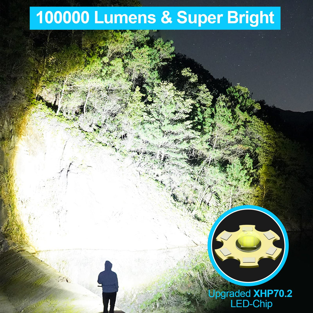 Skanto | Banral 100000 Lumen Wiederaufladbare Taschenlampe, IPX6 Wasserdicht, 5 Modi, Zoombar, Aluminium