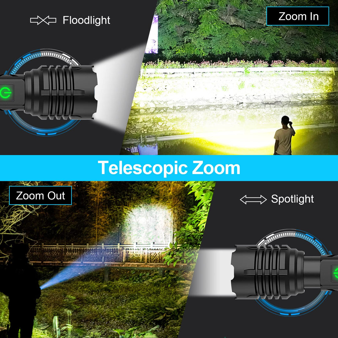 Skanto | Banral 100000 Lumen Wiederaufladbare Taschenlampe, IPX6 Wasserdicht, 5 Modi, Zoombar, Aluminium