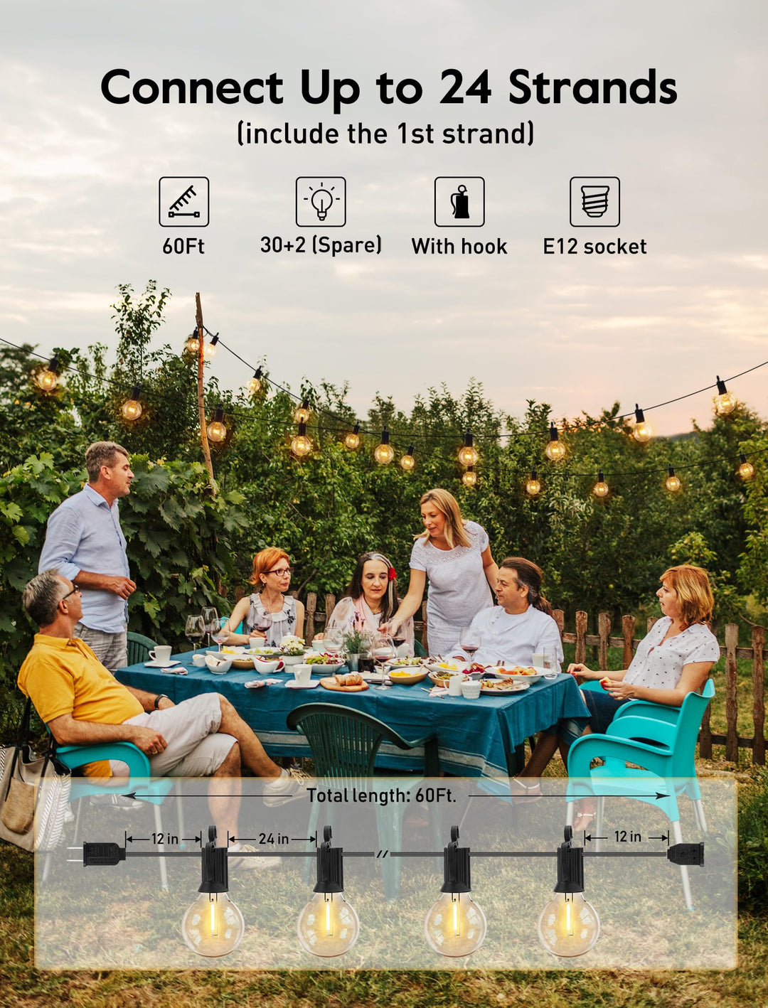 Skanto | Brightown 60Ft Outdoor Lichterkette – G40 Globe Terrassenlichter mit 32 bruchsicheren Glühbirnen