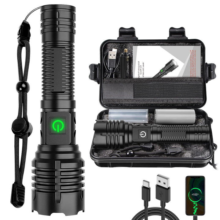 Skanto | Banral 100000 Lumen Wiederaufladbare Taschenlampe, IPX6 Wasserdicht, 5 Modi, Zoombar, Aluminium