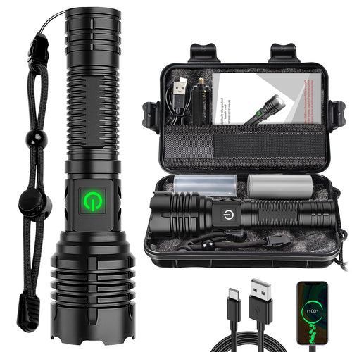 Skanto | Banral 100000 Lumen Wiederaufladbare Taschenlampe, IPX6 Wasserdicht, 5 Modi, Zoombar, Aluminium
