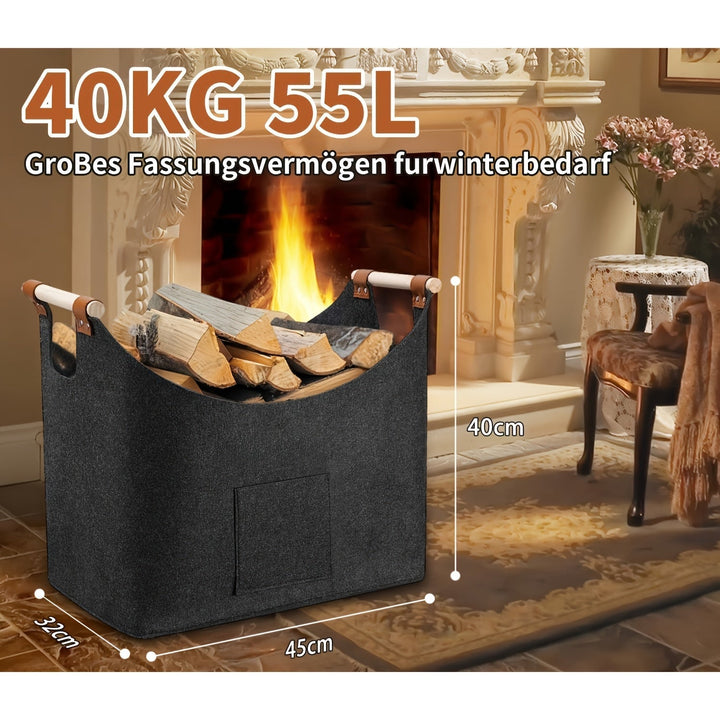 Skanto | Feldura Faltbarer Filz-Brennholzkorb 55 Liter mit Holzgriffen und Lederdetails, Dunkelgrau