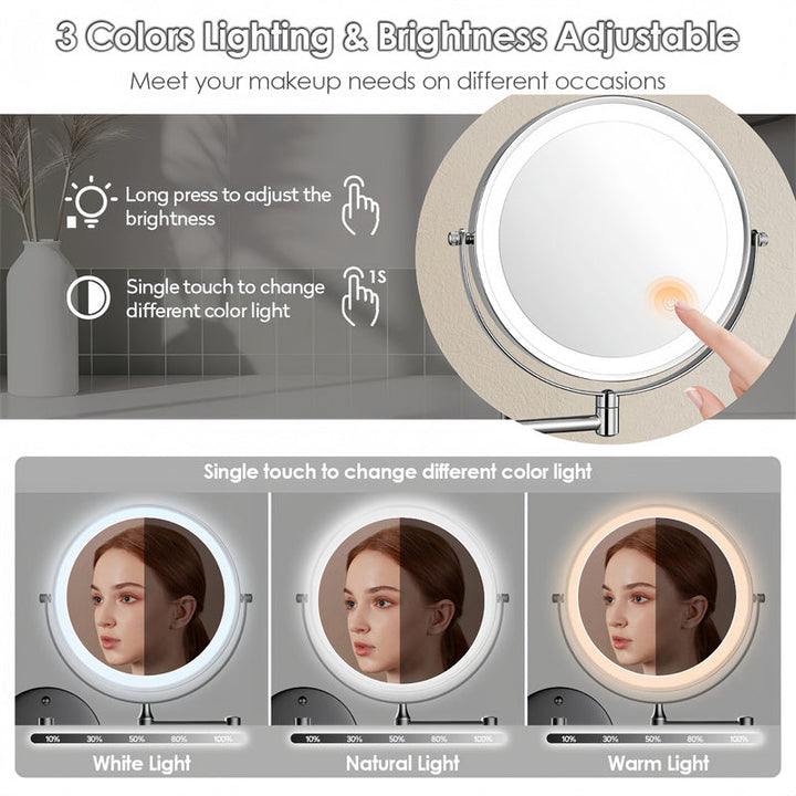 Skanto Wiederaufladbarer Wandmontierter Rasierspiegel | 360° Drehbar. 1X/10X Vergrößerung & Einstellbare LED-Beleuchtung für das Badezimmer