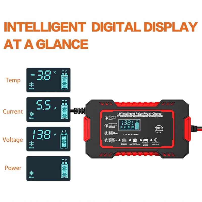 Skanto | 12V 6A Smart Auto-Batterieladegerät | Impulsreparatur, LCD-Bildschirm & Schnellladung für AGM-, Gel- & Blei-Säure-Batterien