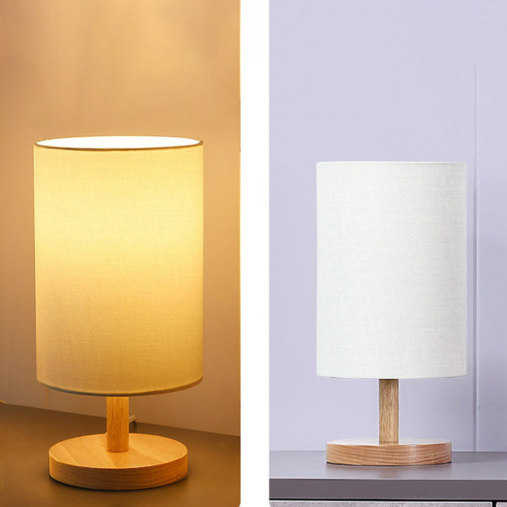 Skanto | Traditionelle japanische Zylinder-Holz-Stoff-1-Licht-Tischlampe für das Wohnzimmer