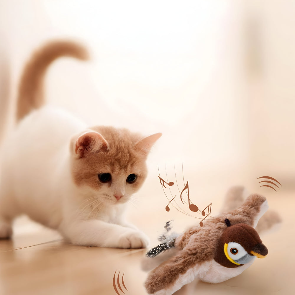 Skanto | Katzen-Spielzeug Plüschvogel mit Zwitschergeräusch