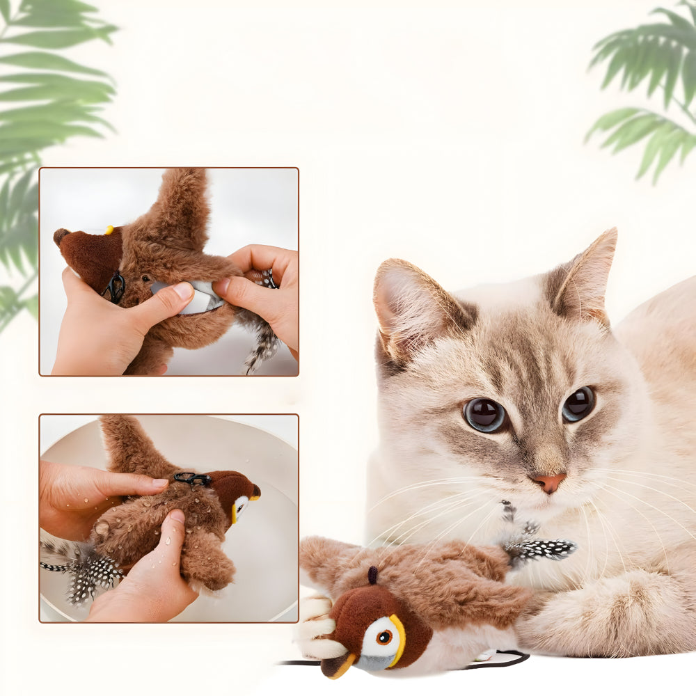 Skanto | Katzen-Spielzeug Plüschvogel mit Zwitschergeräusch
