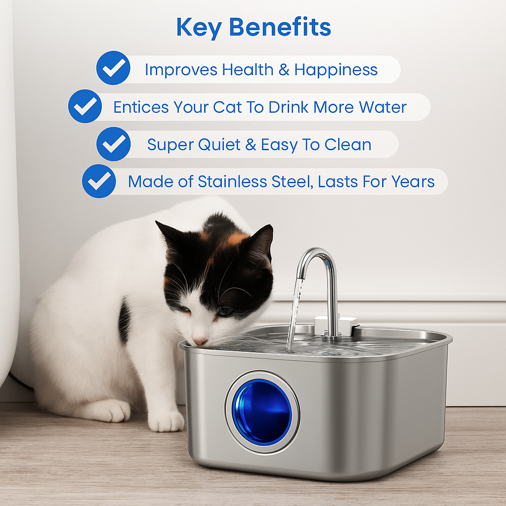 Skanto | Skanto Felindra Katzenbrunnen | Edelstahl | Fließendes Wasser für bessere Hydration | Leise & Hygienisch | 2,5 L Fassungsvermögen