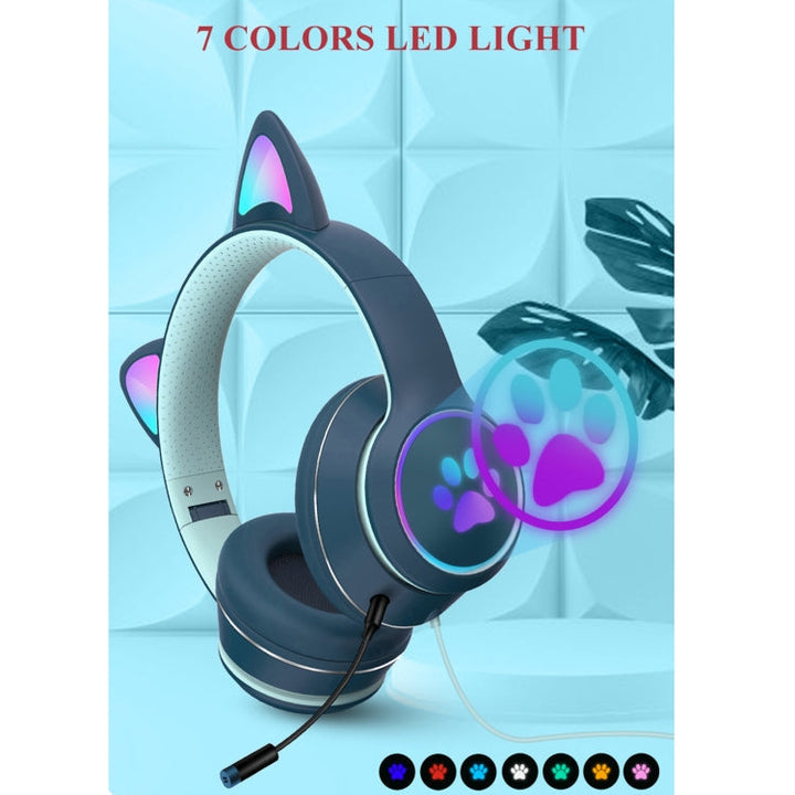 Skanto | AKZ-022 USB + 3,5mm Anschluss Katzenohr-Design Faltbares LED-Headset mit Mikrofon (Schwarz)