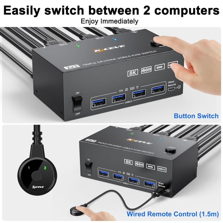 Skanto | KC-KVM203DH 8K 30Hz USB3.0 DP+DP+HDMI Triple Monitor KVM Switch, EU Stecker