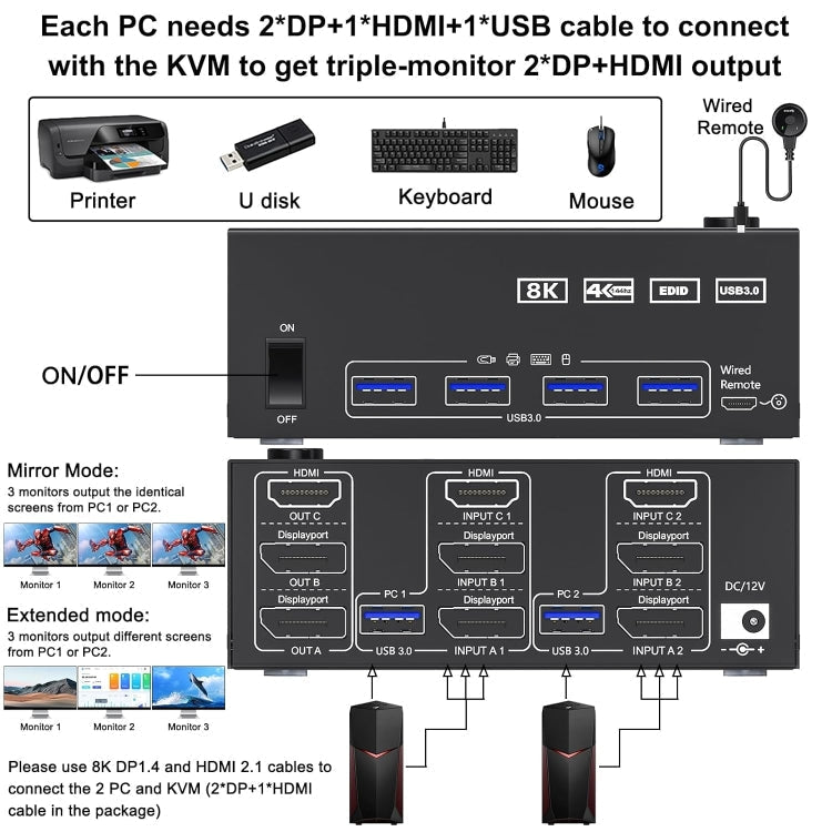 Skanto | KC-KVM203DH 8K 30Hz USB3.0 DP+DP+HDMI Triple Monitor KVM Switch, EU Stecker