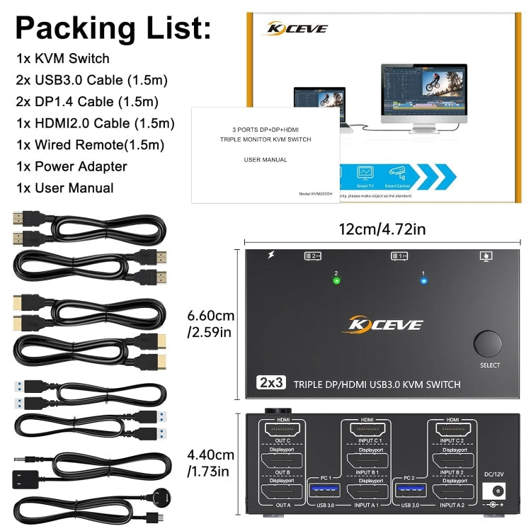 Skanto | KC-KVM203DH 8K 30Hz USB3.0 DP+DP+HDMI Triple Monitor KVM Switch, EU Stecker