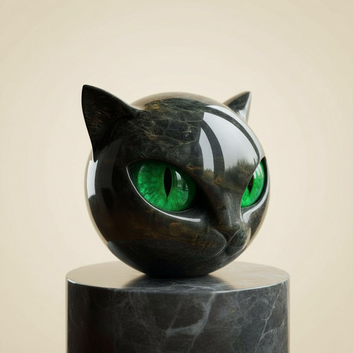 NoirCat Skulptur – Schwarzer Katzenkopf mit hypnotisierenden Augen