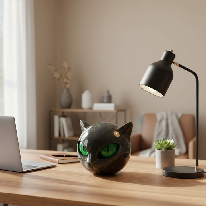 NoirCat Skulptur – Schwarzer Katzenkopf mit hypnotisierenden Augen