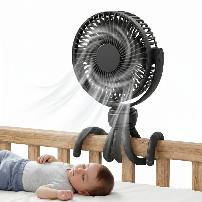Tragbarer Kinderwagen-Ventilator USB C wiederaufladbar, leiser Baby-Clip-Ventilator mit 5 Geschwindigkeiten, LED-Anzeige, 10 Stunden Akkulaufzeit für Autositz, Babywanne, Reisen | Skanto