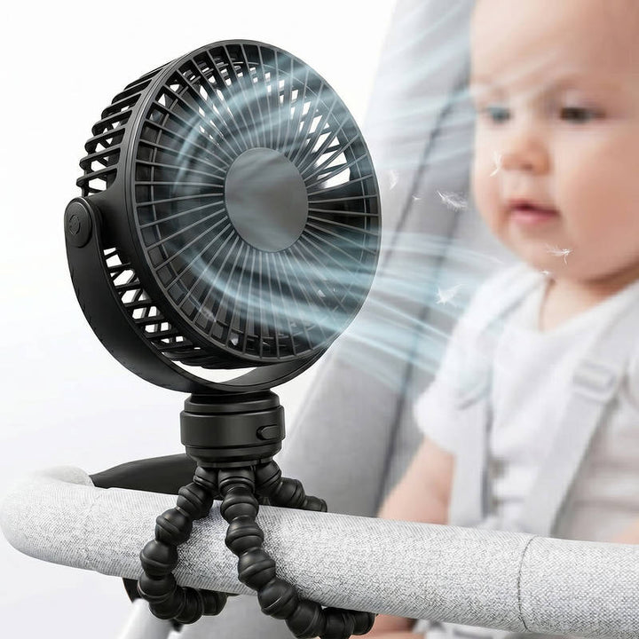 Tragbarer Kinderwagen-Ventilator USB C wiederaufladbar, leiser Baby-Clip-Ventilator mit 5 Geschwindigkeiten, LED-Anzeige, 10 Stunden Akkulaufzeit für Autositz, Babywanne, Reisen | Skanto