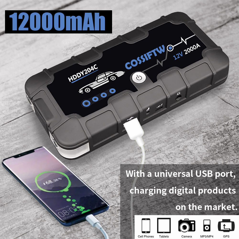 Skanto | 2000A UltraSafe 12V Starthilfe – Tragbarer Batterie-Booster mit USB-Ladegerät und LED-Taschenlampe – Bis zu 6.0L Benzin- / 3.0L Dieselmotoren