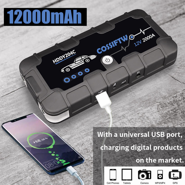 Skanto | 2000A UltraSafe 12V Starthilfe – Tragbarer Batterie-Booster mit USB-Ladegerät und LED-Taschenlampe – Bis zu 6.0L Benzin- / 3.0L Dieselmotoren