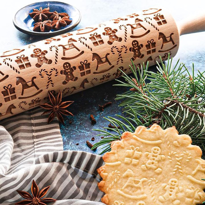 Skanto | Graviertes Nudelholz aus Holz | Weihnachtskeksstempel | Handgefertigtes Buchenholz | JollyRoller