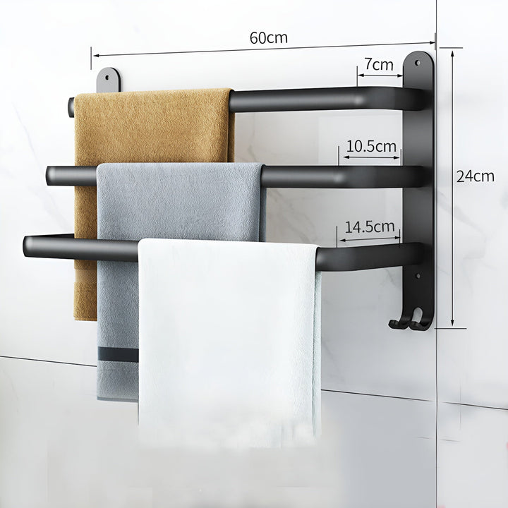 Skanto | HangEase 3-stufiger Handtuchhalter – Schwarzes wandmontiertes Aluminiumregal ohne Bohren