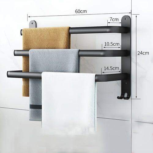 Skanto | HangEase 3-stufiger Handtuchhalter – Schwarzes wandmontiertes Aluminiumregal ohne Bohren
