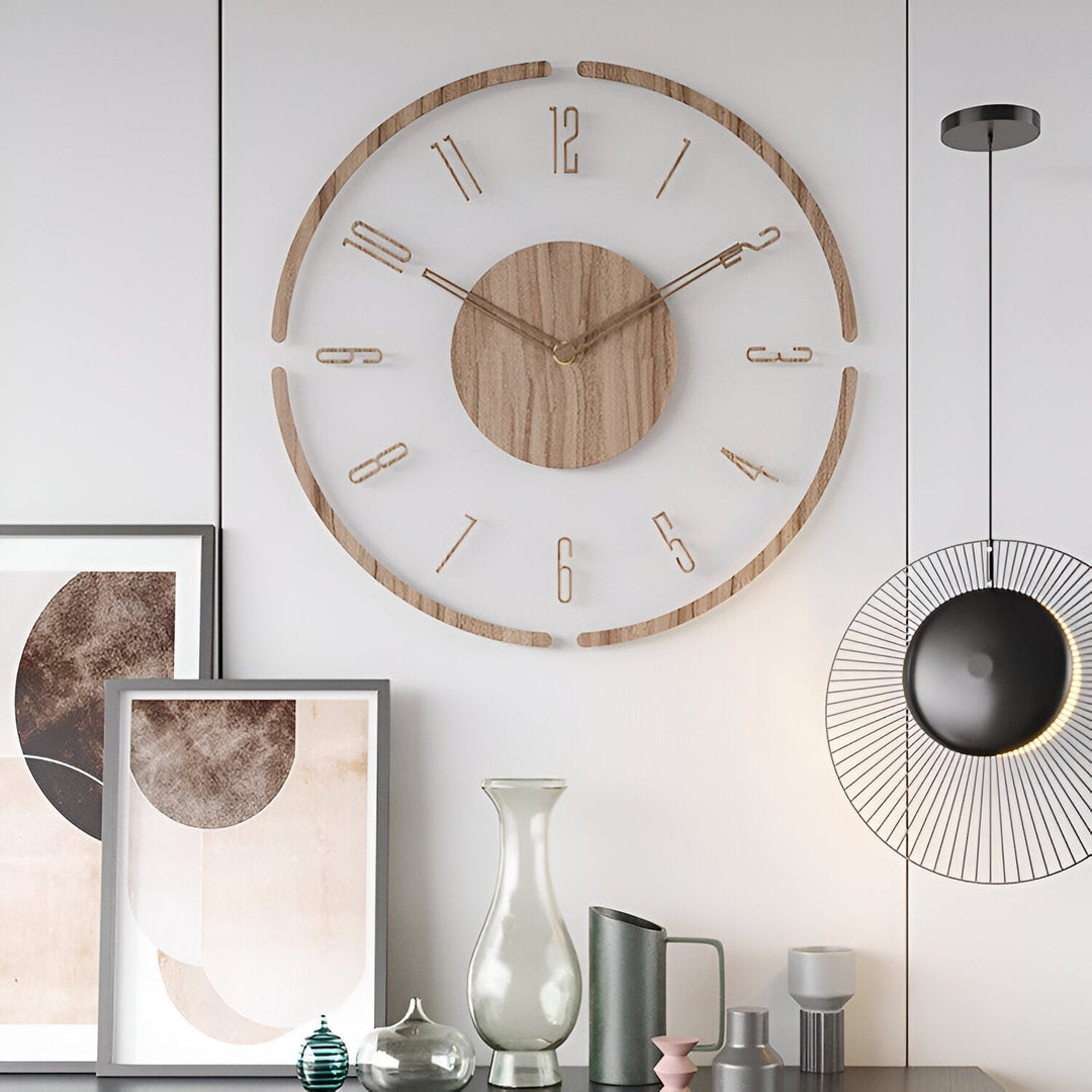 Skanto | ClearWood Transparente Wanduhr – Geräuschloses Quarzwerk mit Holzdetails