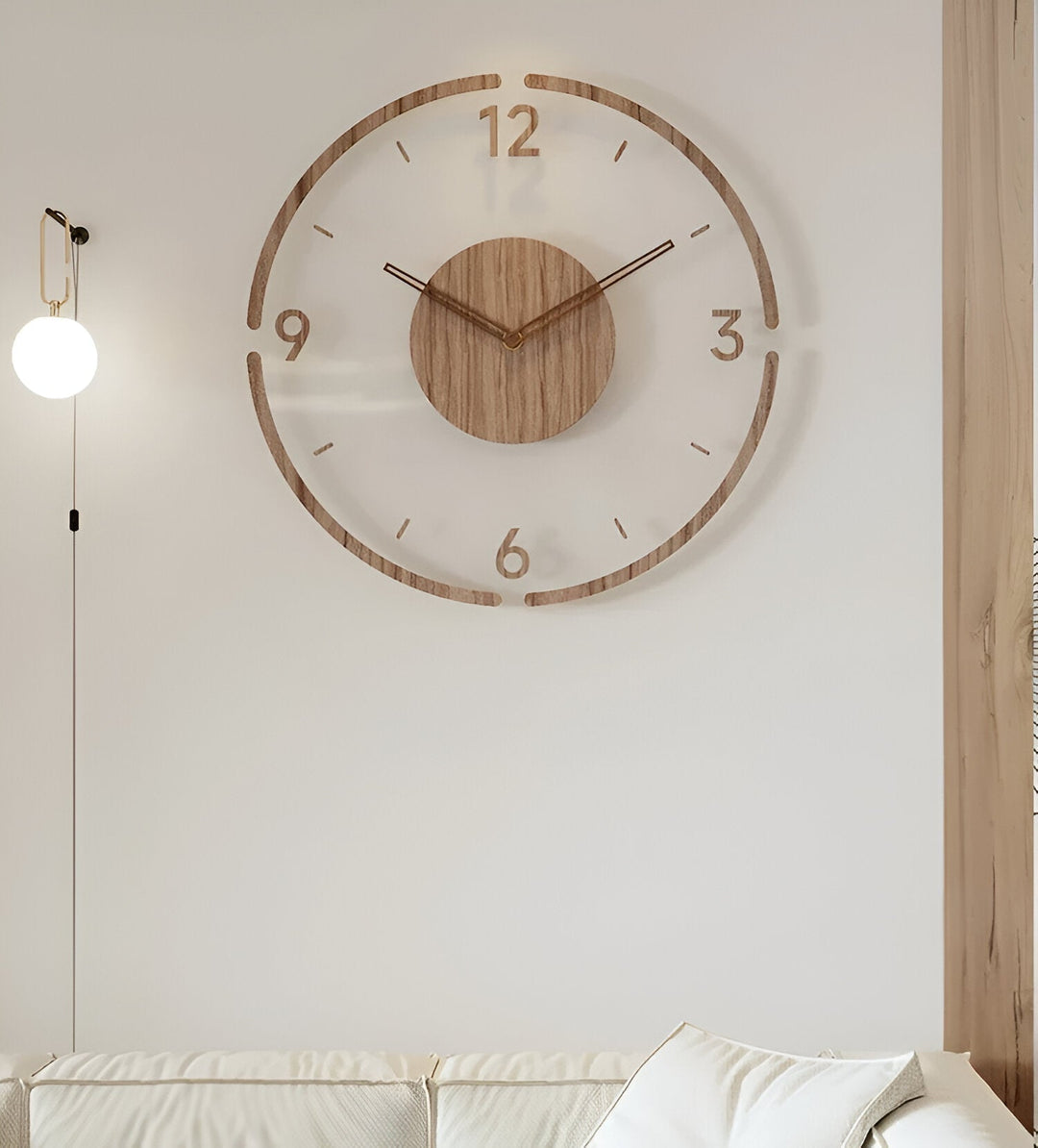 Skanto | ClearWood Transparente Wanduhr – Geräuschloses Quarzwerk mit Holzdetails