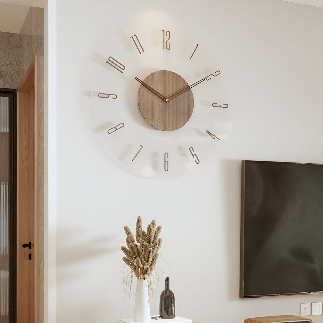 Skanto | ClearWood Transparente Wanduhr – Geräuschloses Quarzwerk mit Holzdetails