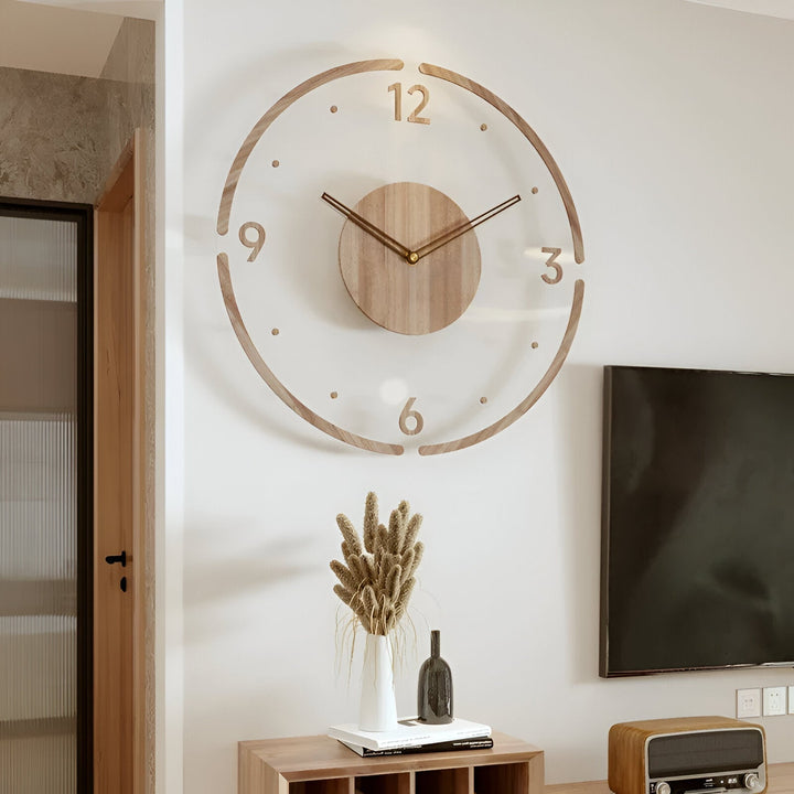 Skanto | ClearWood Transparente Wanduhr – Geräuschloses Quarzwerk mit Holzdetails