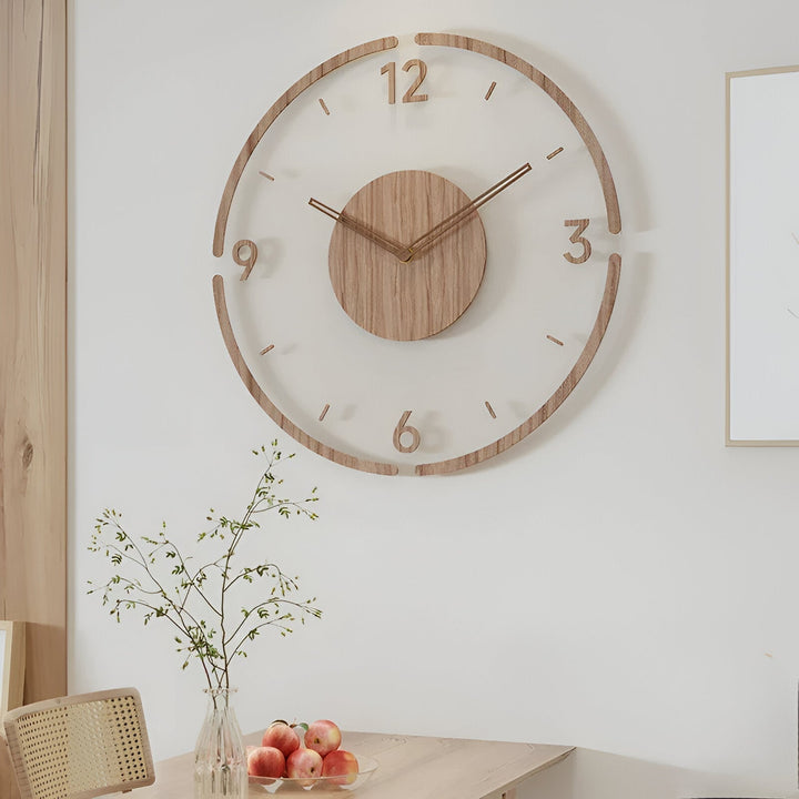 Skanto | ClearWood Transparente Wanduhr – Geräuschloses Quarzwerk mit Holzdetails