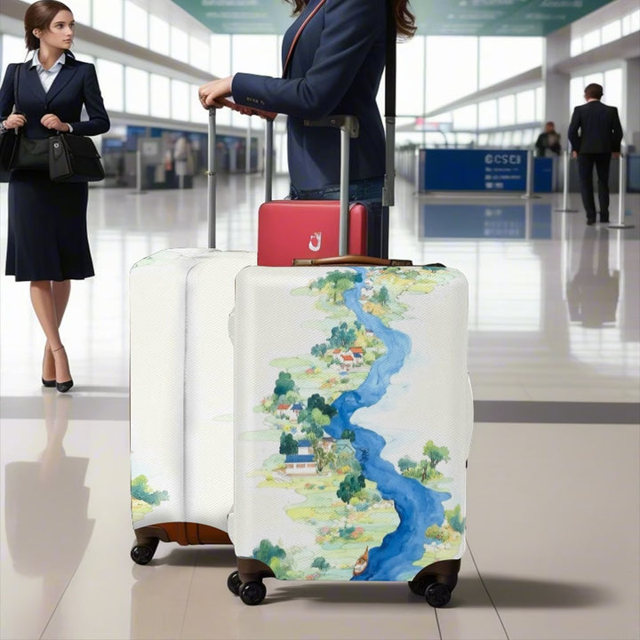Unisexer nicht-dehnbarer Kofferbezug mit detailliertem Fluss- und Dorf-Illustrationsdruck, reißfester Stretch-Schutz für Hartschalen- und Stoff-Trolleys Skanto