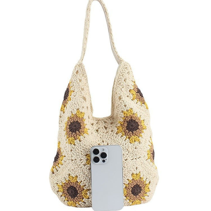 Handgemachte gehäkelte Tasche mit Sonnenblumenmuster Skanto