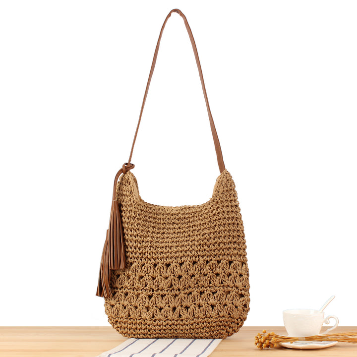 Schultertasche aus handgeknüpften Naturmaterialien mit fransenverziertem Schulterriemen Skanto