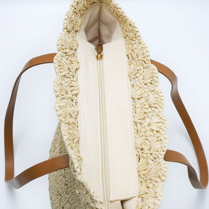 Strandtasche mit handgefertigtem Häkelmuster und Ledergriffen Skanto