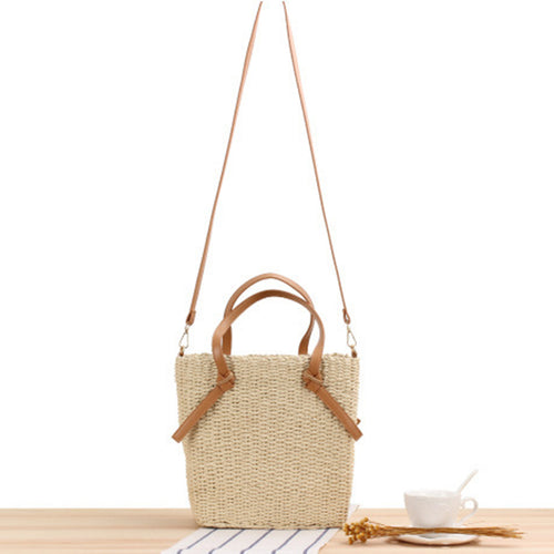Gewebte Naturmaterial-Handtasche mit abnehmbaren Ledergriffen Skanto